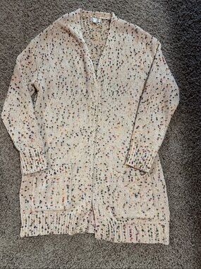 Speckled Beige Open-Front Knit Cardigan with Pockets